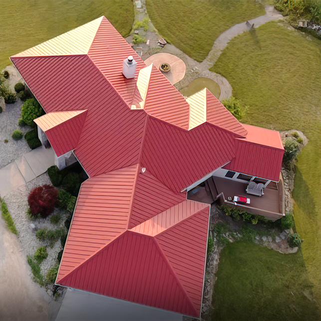 Red metal roof aerial view